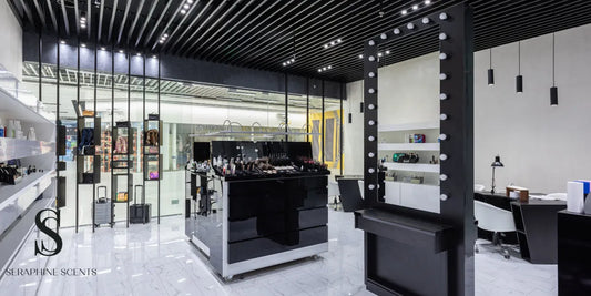 Modern luxury perfume store interior with black and white décor and Seraphine Scents branding
