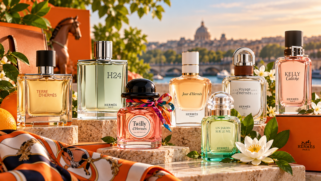 Hermès perfume collection featuring Terre d’Hermès, H24, Twilly d’Hermès, Jour d’Hermès, Voyage d’Hermès and Kelly Calèche in an elegant Parisian-inspired setting. Copy