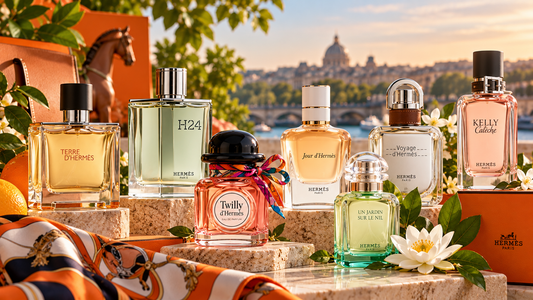 Hermès perfume collection featuring Terre d’Hermès, H24, Twilly d’Hermès, Jour d’Hermès, Voyage d’Hermès and Kelly Calèche in an elegant Parisian-inspired setting. Copy