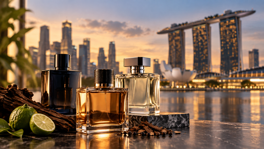 Men’s perfumes displayed against the Singapore Marina Bay skyline, featuring fresh citrus, woody and aromatic fragrance inspiration for Singapore’s climate.