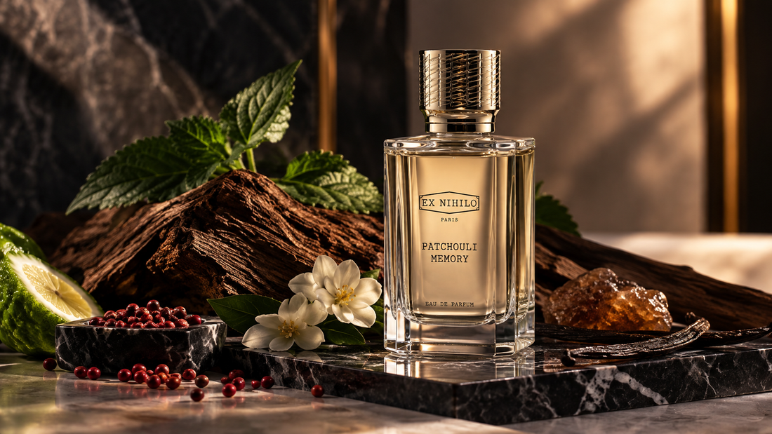 EX NIHILO Patchouli Memory perfume bottle with patchouli leaves, woods and warm botanical notes in a luxury fragrance setting