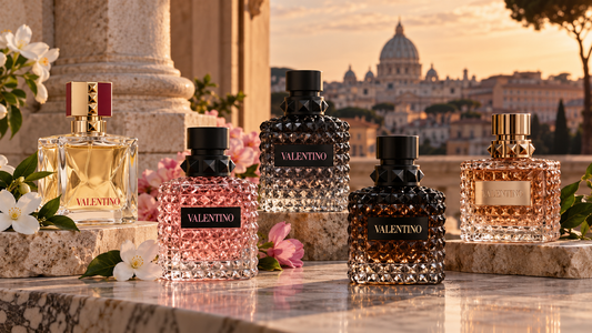 Valentino perfume collection featuring elegant floral and woody fragrances in a luxury Italian-inspired setting.