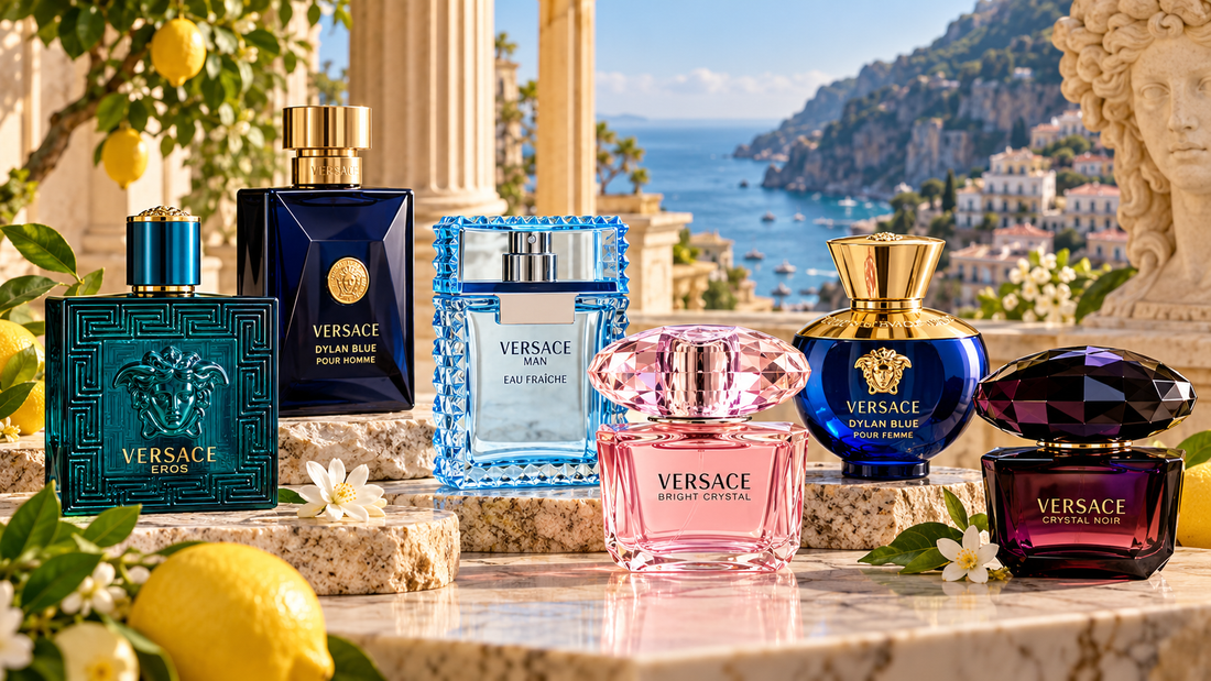 Versace perfume collection featuring Eros, Dylan Blue, Man Eau Fraîche, Bright Crystal and Crystal Noir in a luxury Italian coastal setting.  Copy