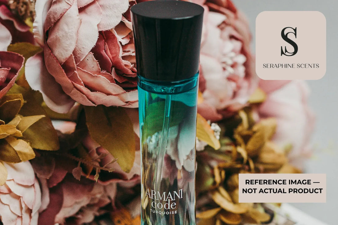 Armani Code Turquoise perfume bottle with floral background luxury fragrance Seraphine Scents Singapore 
