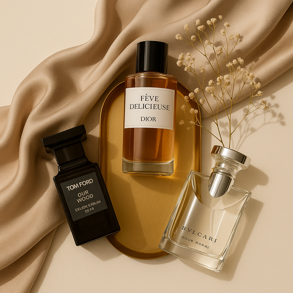 A digital photograph showcases three luxury perfumes — Tom Ford Oud Wood, Dior Fève Délicieuse, and Bvlgari Pour Homme — arranged on a golden tray with silk fabric and dried flowers, highlighting elegance and authenticity.