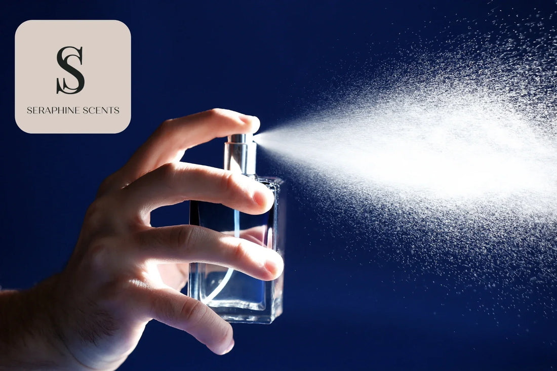 Hand spraying perfume bottle - best fragrance stores guide by Seraphine Scents