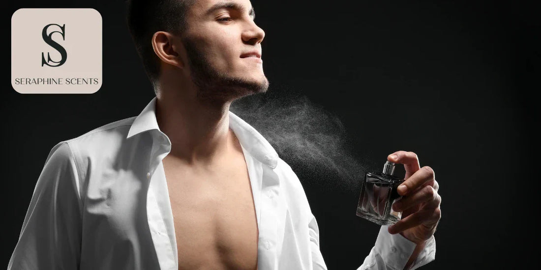 Best perfumes for date night in Singapore — man spraying fragrance in open white shirt