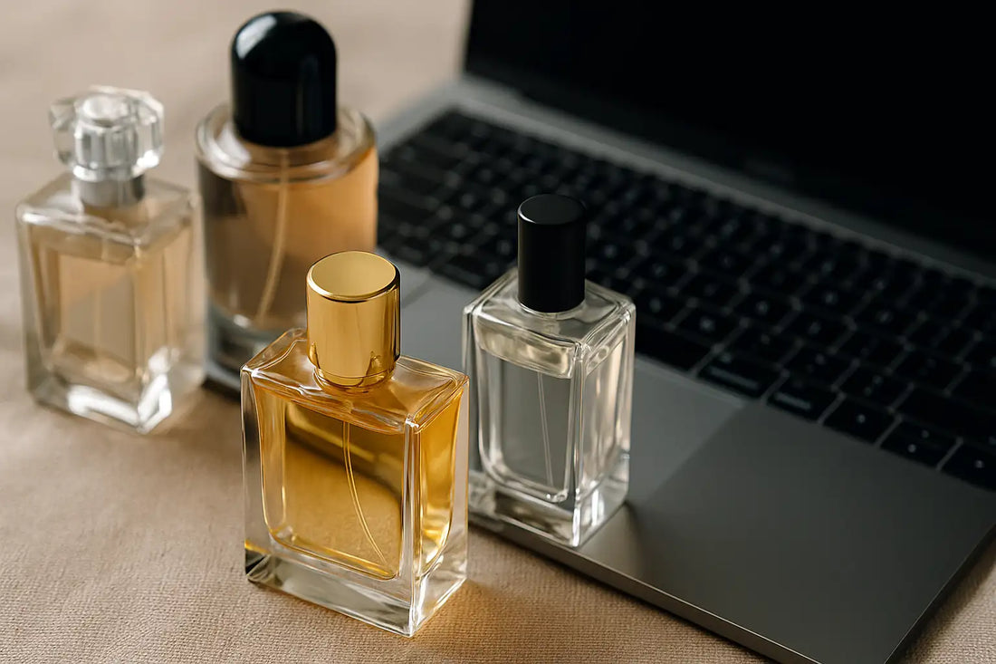 Four stylish perfume bottles placed beside a laptop on a beige surface, symbolizing online perfume shopping in Singapore.