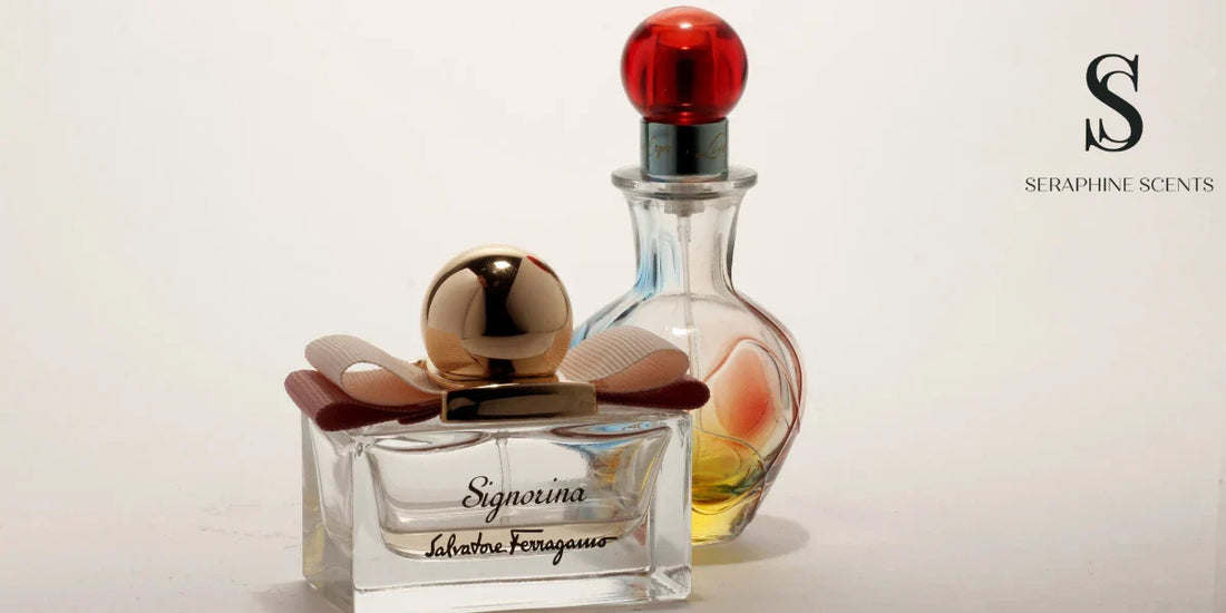 Two elegant perfume bottles on a white background — representing fragrance personality choices by Seraphine Scents