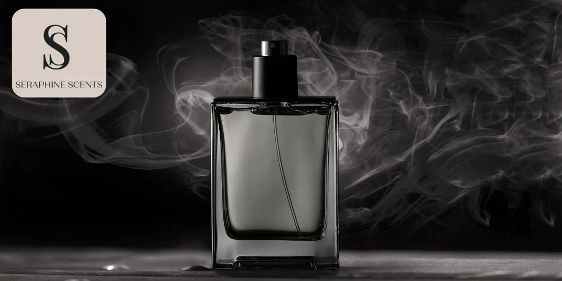 Minimalist black perfume bottle with smoke effect and Seraphine Scents logo — blog on choosing a signature scent by lifestyle and mood