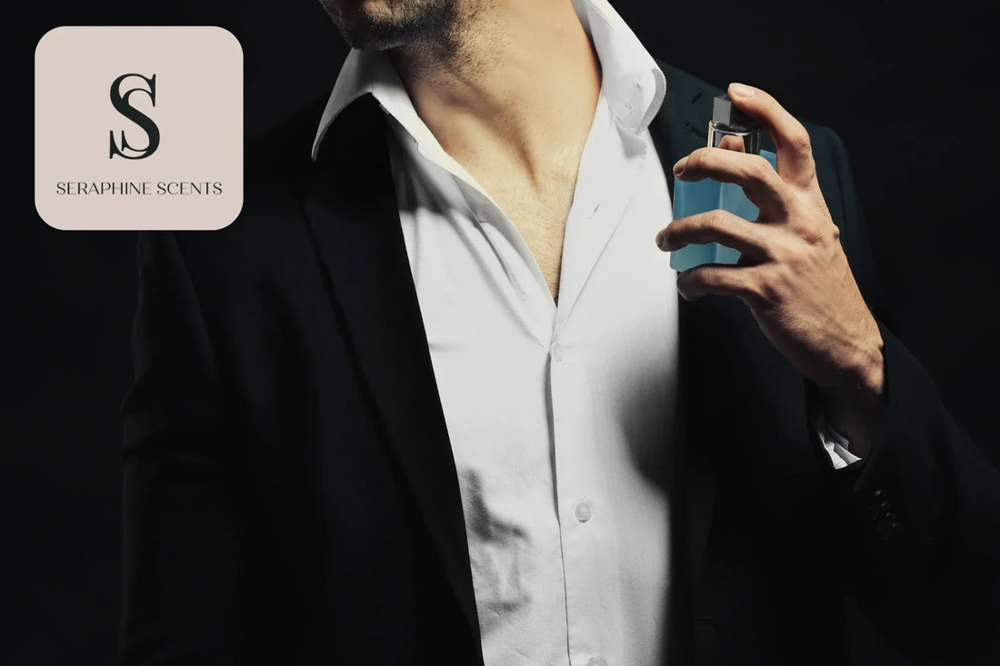 Man in a suit applying perfume on his neck — Seraphine Scents fragrance imagery