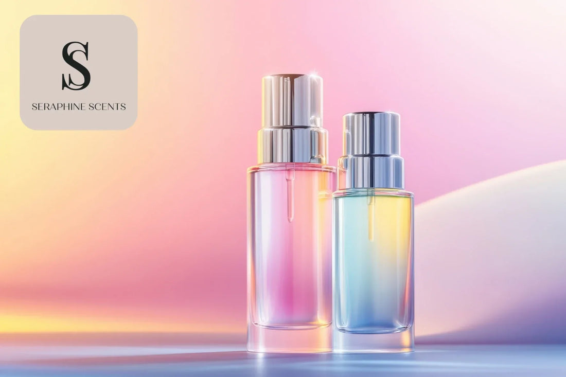 Christian Dior New Look 1947 perfume concept image with pastel gradient bottles and Seraphine Scents branding for Singapore fragrance shoppers.