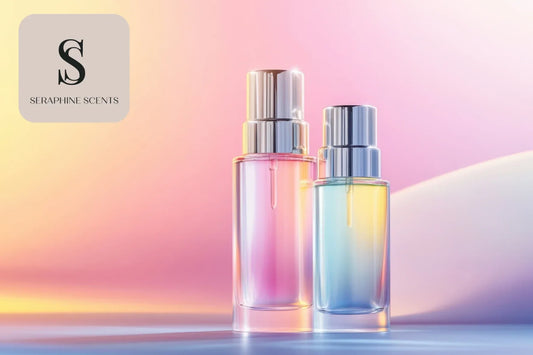 Christian Dior New Look 1947 perfume concept image with pastel gradient bottles and Seraphine Scents branding for Singapore fragrance shoppers.