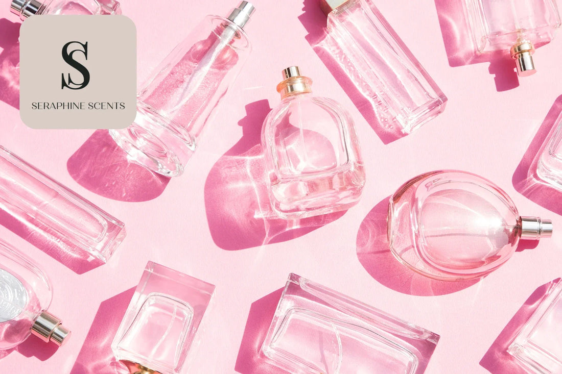 “Perfume bottles on pink background – luxury fragrance theme by Seraphine Scents Singapore”