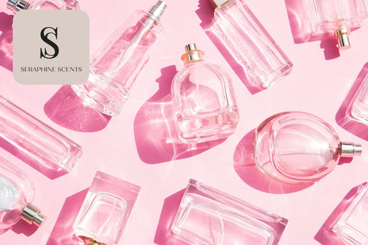 “Perfume bottles on pink background – luxury fragrance theme by Seraphine Scents Singapore”