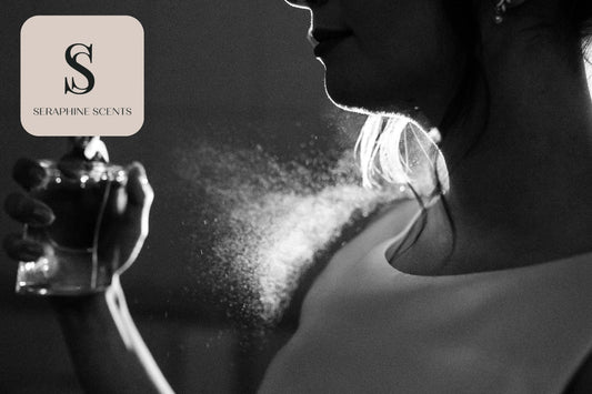 Woman applying perfume on her neck in soft lighting — Seraphine Scents fragrance imagery