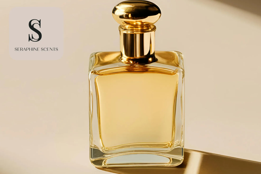"Elegant golden perfume bottle on a soft beige background – luxury fragrance photography for Christian Dior Sakura by Seraphine Scents"