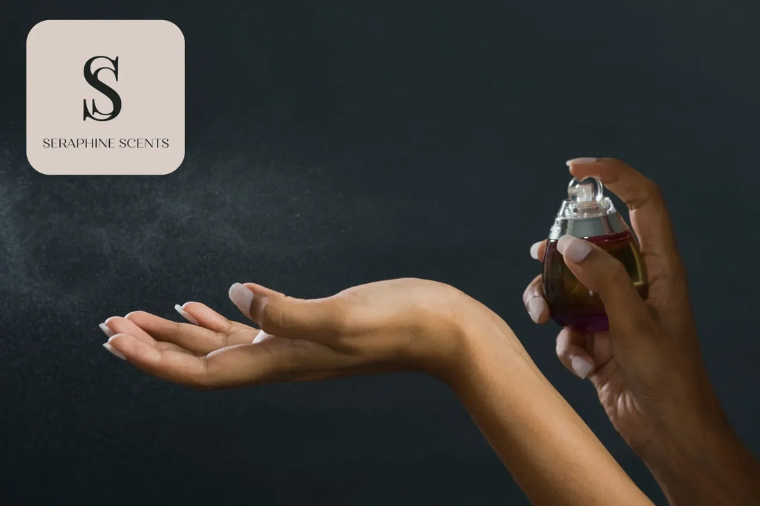 "Hand spraying perfume into the air with fine mist — luxury fragrance application photographed for Christian Dior Tobacolor by Seraphine Scents"