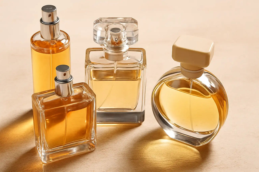 A high-resolution photograph displays four perfume bottles arranged on a soft beige surface under natural lighting.