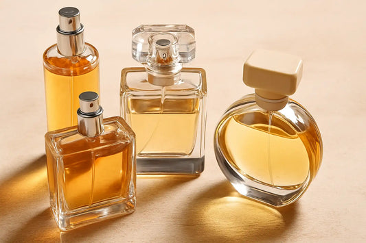 A high-resolution photograph displays four perfume bottles arranged on a soft beige surface under natural lighting.