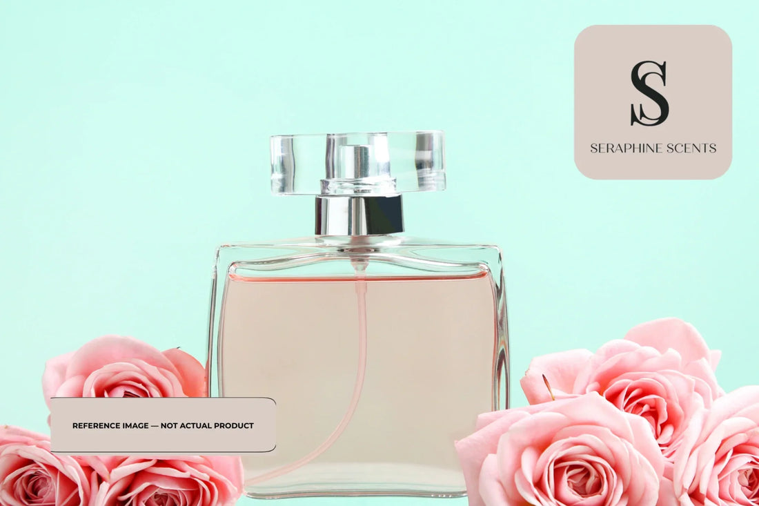 Creed Millesime 1849 perfume bottle with pink roses on soft teal background