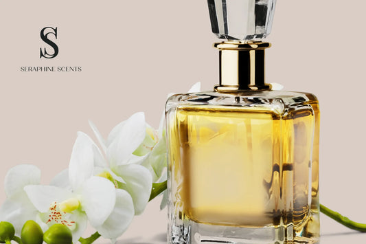 Elegant gold perfume bottle with white orchid flowers on a soft beige background – Seraphine Scents Singapore