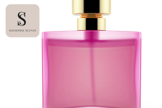 Pink luxury perfume bottle with gold cap on a clean white background – Seraphine Scents Singapore