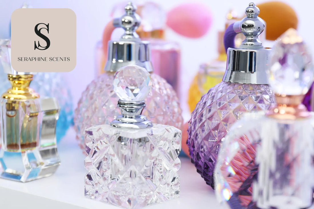 Elegant crystal perfume bottles displayed in soft pastel colours – Seraphine Scents Singapore