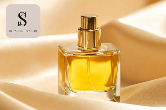 Golden perfume bottle on soft beige fabric for Dior Homme Intense EDP Singapore by Seraphine Scents