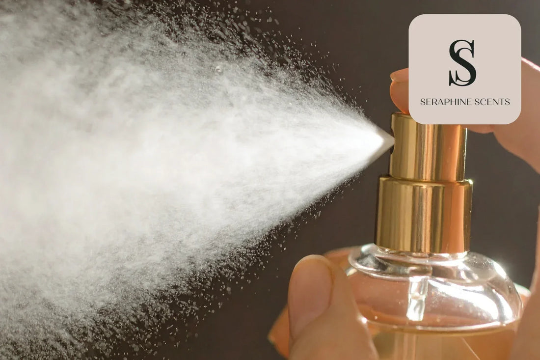 Perfume mist spraying from a luxury bottle – Dior J’adore In Joy fragrance Singapore by Seraphine Scents