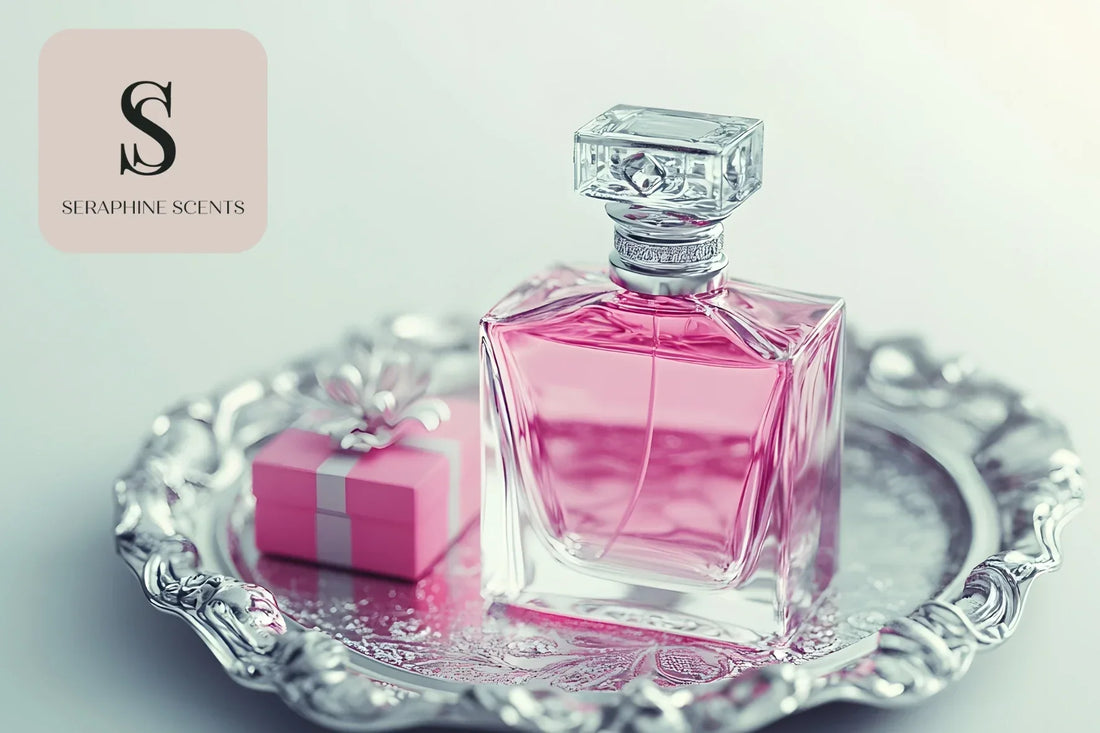 Dior Joy Intense perfume bottle with pink gift box on silver tray – Seraphine Scents