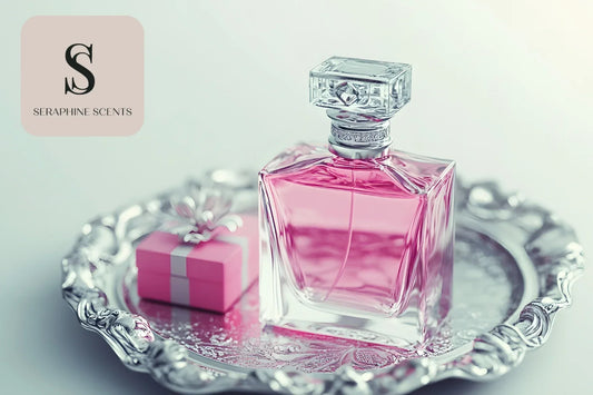 Dior Joy Intense perfume bottle with pink gift box on silver tray – Seraphine Scents