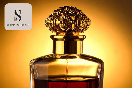 Dior Joy perfume bottle glowing in warm golden light – Seraphine Scents