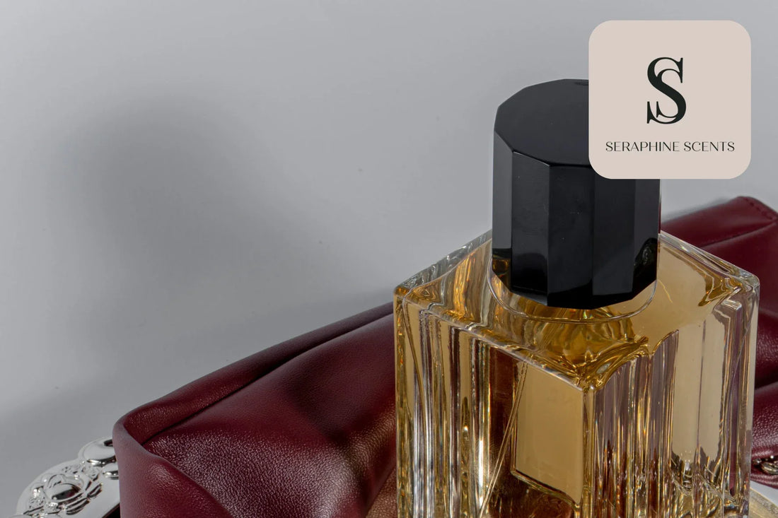 Dior perfume guide featuring luxury fragrance bottle and burgundy pouch – Seraphine Scents Singapore