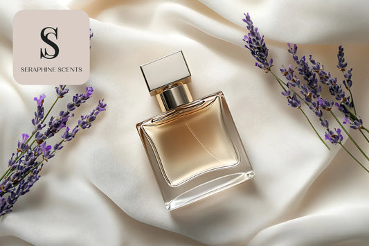 Elegant beige perfume bottle with lavender flowers on satin fabric for Dior Sauvage Eau Forte Parfum Singapore by Seraphine Scents