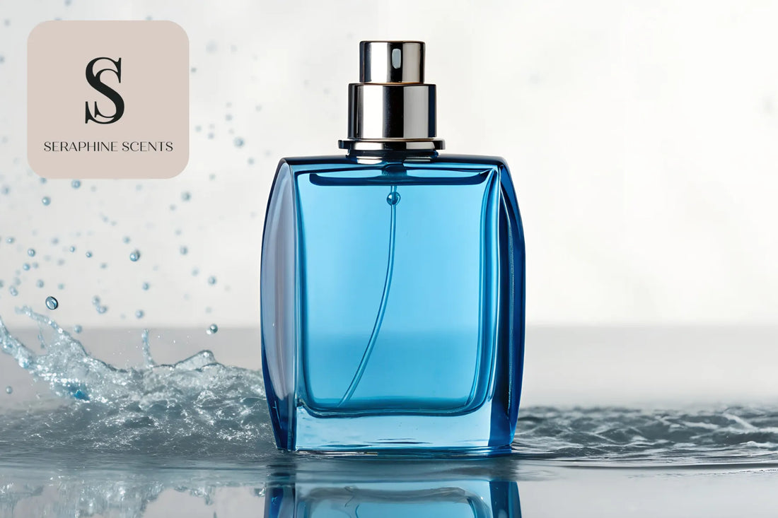 Blue luxury perfume bottle splash shot for Dior Sauvage EDP Singapore by Seraphine Scents