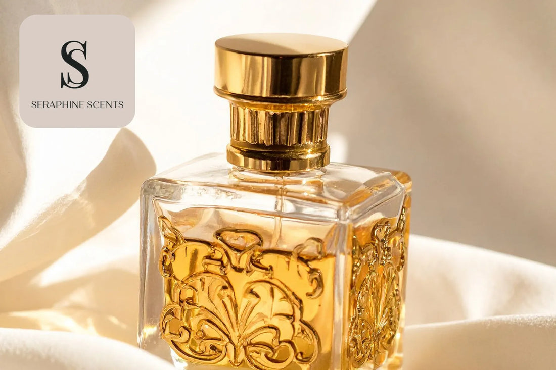 "Luxury gold perfume bottle on soft fabric with sunlight – Seraphine Scents Singapore"
