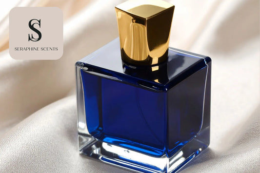 Luxury blue perfume bottle with gold cap on satin fabric for Dior Sauvage Elixir Singapore by Seraphine Scents