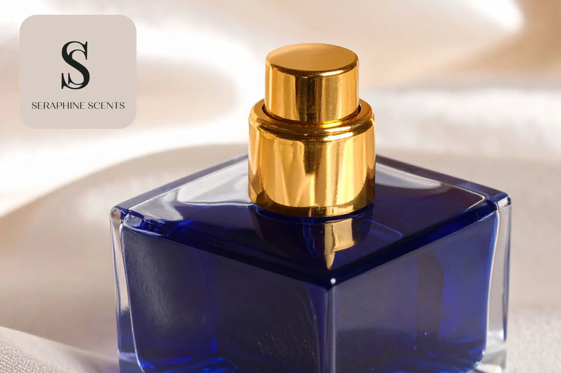 Close-up blue glass perfume bottle with gold sprayer for Dior Sauvage Parfum Singapore by Seraphine Scents