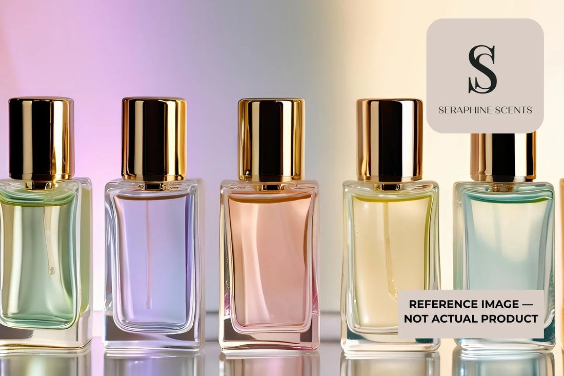Diptyque Tam Dao Singapore perfume guide featuring luxury fragrance bottles with pastel-colored liquids and Seraphine Scents branding, representing woody sandalwood niche fragrances.