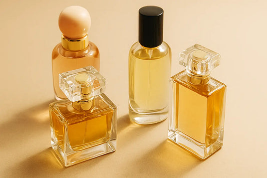 Four Eau de Parfum bottles arranged on a beige surface, showcasing elegant fragrance designs for Singapore shoppers