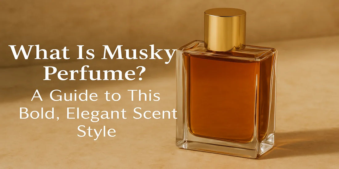 Elegant amber-toned perfume bottle on beige marble, with soft lighting and bold text about musky perfume.