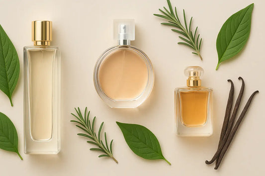 An elegant flat-lay of perfume bottles with botanical elements on a beige background