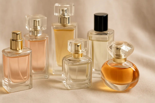 Perfume bottles on beige fabric representing a fragrance guide for Singapore