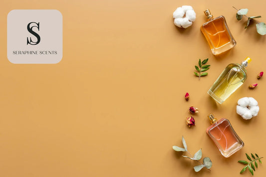 Fragrances Singapore - elegant perfume bottles with natural elements and Seraphine Scents branding