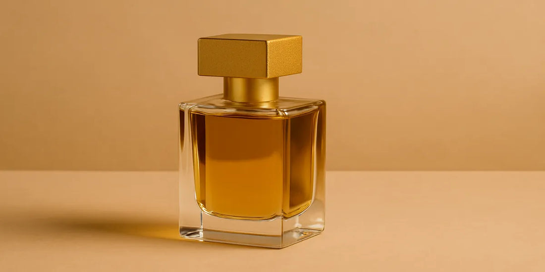 A golden perfume bottle with a textured cap set against a warm beige background, styled for a blog on musk fragrances in Singapore.
