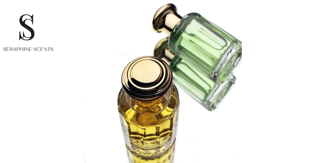 Two luxury perfume bottles without boxes — gold and green glass design, Seraphine Scents logo on white background