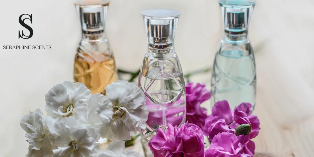 Various perfume bottles surrounded by fresh white and purple flowers – representing perfume layering and signature scent creation