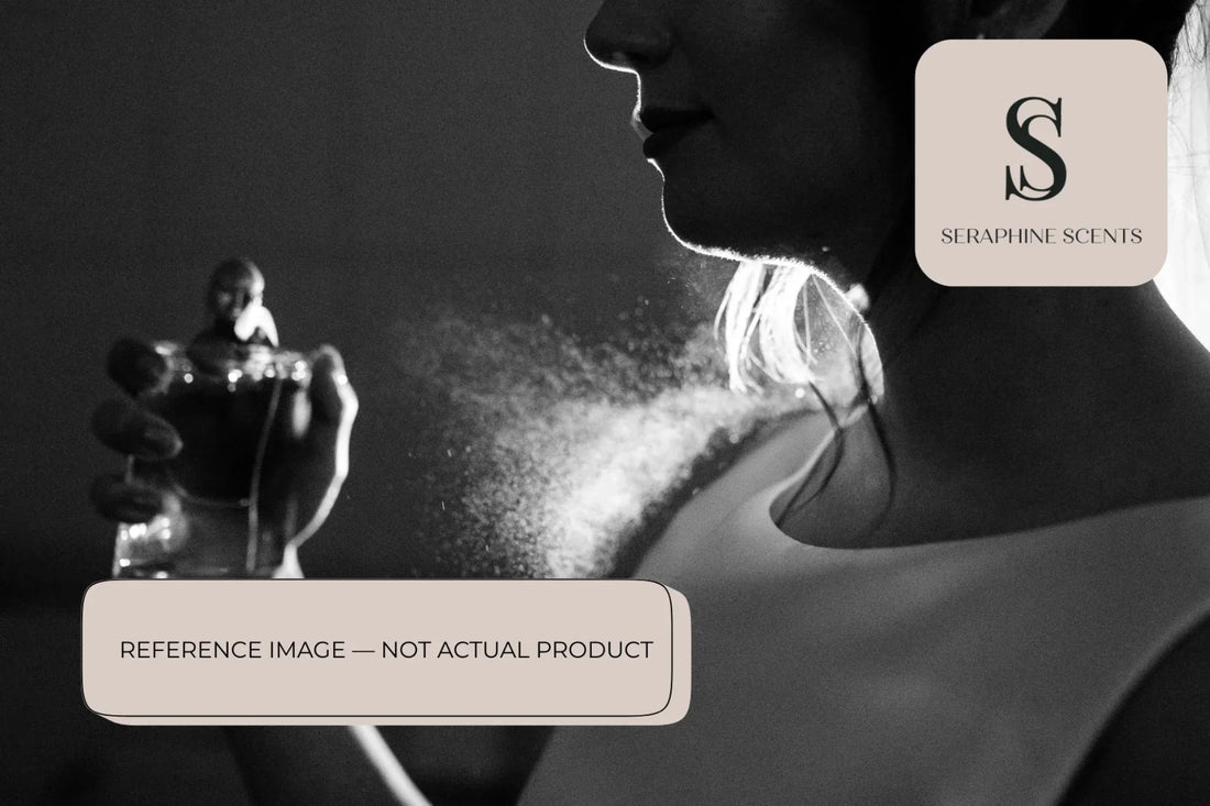 Woman spraying Jo Malone Yuja Cologne Perfume on shoulder showing fragrance mist in black and white