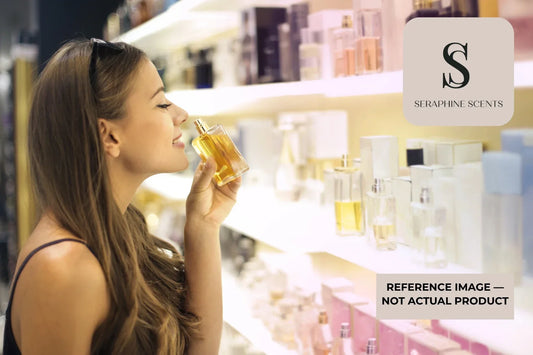 Woman exploring luxury perfumes in a Singapore fragrance boutique while testing premium perfume scents reference image 